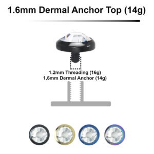 plated 316L steel flat disk dermal anchor tops with bezel set crystal