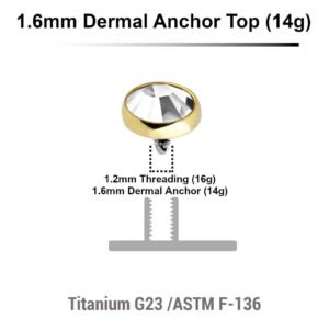 Titanium G23 flat disk dermal anchor tops with bezel set crystal, size 5mm, internal thread size 1.2mm