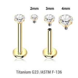 plated titanium internally threaded labrets, Thickness 1.2mm, with 2mm prong set CZ stones