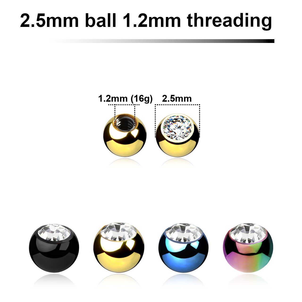 2.5mm diameter and a bezel set crystal, 1.2mm