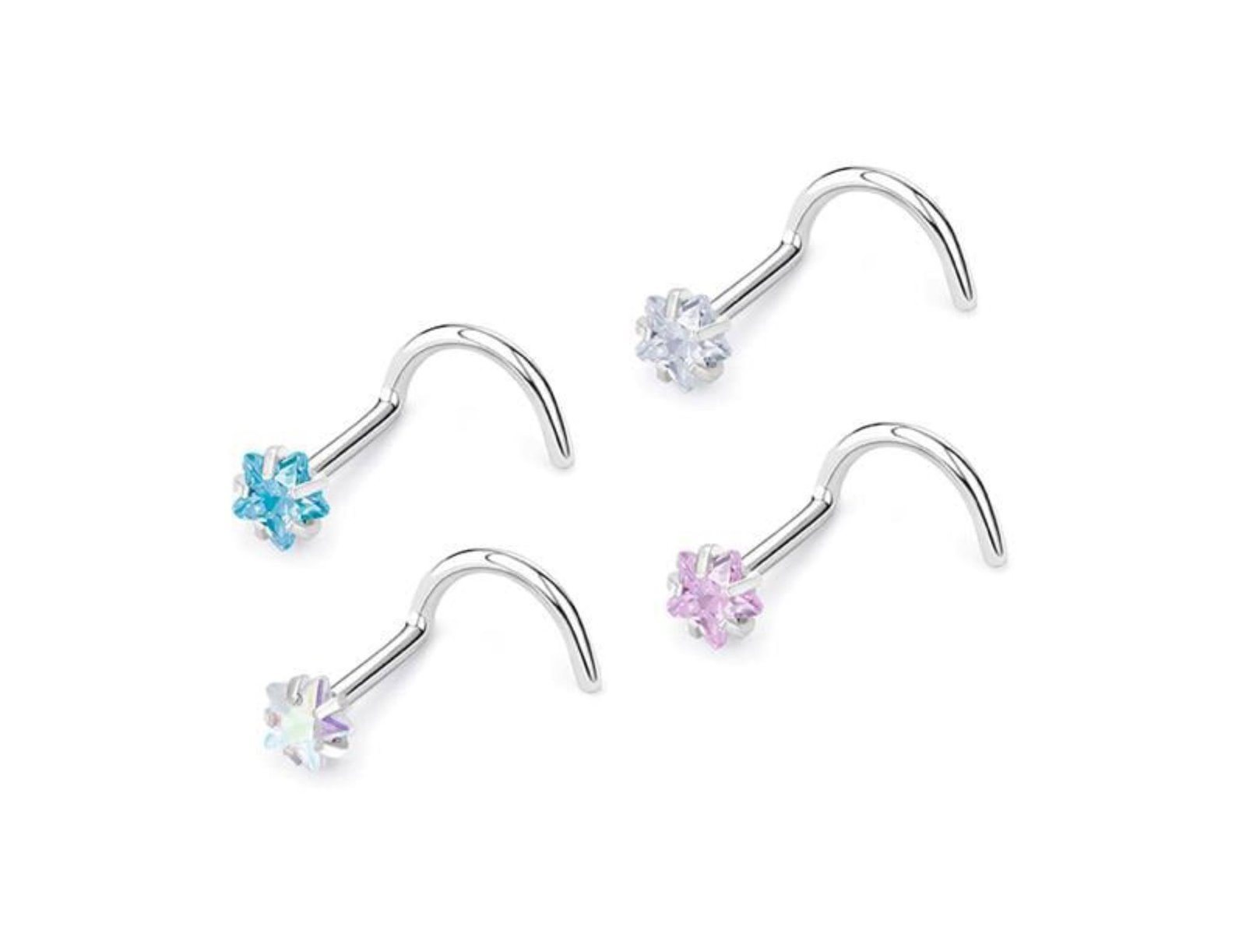 SKU:SGYS7005 0.8mm/ball 2.5 mm Steel Nose Studs with 2.5mm Prong and Star-Shaped Cubic Zirconia, 0.8mm Thick. Material: 316L Surgical Steel. Thickness: 0.8mm (20g). Top Size: 2.5mm.